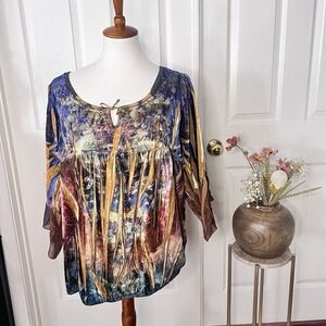 Womens Velvet Embroidered TieDye TopPlus Sz 2X Whimsygoth Fairycore Bohemian Y2K